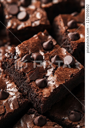 Delicious Homemade Chocolate Brownies with Chocolate Chips on Top, Close-Up View Delicious Homemade Chocolate Brownies with Chocolate Chips on Top, Close-Up View 117809602