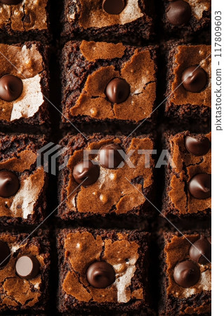 Close-Up of Delicious Homemade Chocolate Brownies with Chocolate Chips on Top in a Grid Pattern Close-Up of Delicious Homemade Chocolate Brownies with Chocolate Chips on Top in a Grid Pattern 117809603