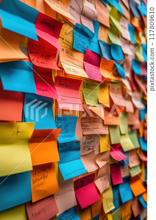 Colorful Wall of Sticky Notes with Handwritten Messages and Reminders in Various Colors and Sizes 117809610