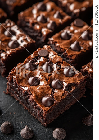 Close-up of Delicious Chocolate Brownies with Chocolate Chips on a Dark Background Close-up of Delicious Chocolate Brownies with Chocolate Chips on a Dark Background 117809616