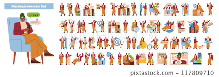 Businesswoman set. Diverse professional and leisure activities of a modern female executive. Networking, brainstorming, and work-life balance illustrations. Vector illustration. 117809710