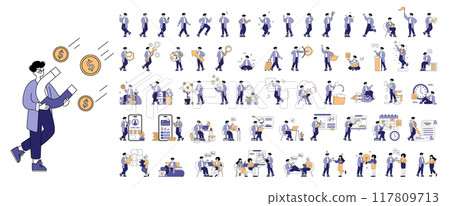 Businessman set. Diverse professional routines and financial activities. Networking, strategy planning, and time management. Vector illustration. Businessman set. Diverse professional routines and financial activities. Networking, strategy planning, and time management. Vector illustration. 117809713