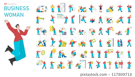 Businesswoman set. A collection of diverse office activities and roles. Presentations, meetings, leadership, and multitasking themes. Vector illustration. 117809718