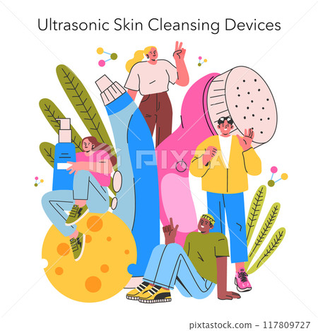 Skincare innovation concept. People interacting with oversized skincare devices and products. Modern beauty routine trend. Vector illustration. Skincare innovation concept. People interacting with oversized skincare devices and products. Modern beauty routine trend. Vector illustration. 117809727