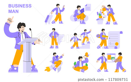 Businessman set. Professional activities and daily routine of an entrepreneurial man. Presentations, travel, and office work. Vector illustration. 117809731