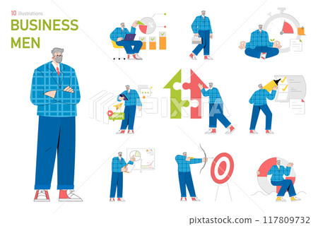 Businessman set. Corporate executive activities from analytics to strategy implementation. Diverse business tasks, management, efficiency. Vector illustration. 117809732