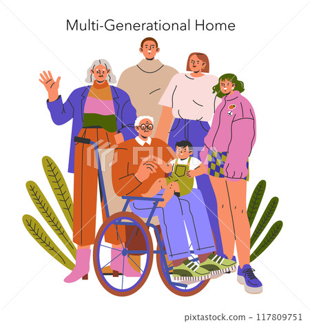 Modern Families concept. A multi-generational family poses together, showcasing diversity and unity. Inclusive portrait of relatives from different ages. Vector illustration. Modern Families concept. A multi-generational family poses together, showcasing diversity and unity. Inclusive portrait of relatives from different ages. Vector illustration. 117809751