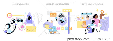 Artificial intelligence business set. Predictive analytics, chatbots for customer service, and supply chain optimization. Innovative tech in corporate strategy. Vector illustration. Artificial intelligence business set. Predictive analytics, chatbots for customer service, and supply chain optimization. Innovative tech in corporate strategy. Vector illustration. 117809752