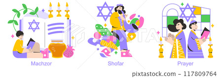 Rosh Hashanah set. Jewish New Year traditions with machzor, shofar, and prayer. Celebratory rituals and symbolism. Vector illustration. 117809764