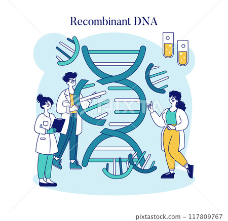 Biotechnology concept. Scientists with a DNA helix demonstrating genetic engineering and recombinant DNA technology. Research in molecular biology. Vector illustration. Biotechnology concept. Scientists with a DNA helix demonstrating genetic engineering and recombinant DNA technology. Research in molecular biology. Vector illustration. 117809767