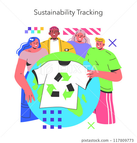 Sustainability Tracking concept. Diverse group of people showcasing eco-friendly fashion around a recyclable symbol on Earth. Vector illustration. Sustainability Tracking concept. Diverse group of people showcasing eco-friendly fashion around a recyclable symbol on Earth. Vector illustration. 117809773