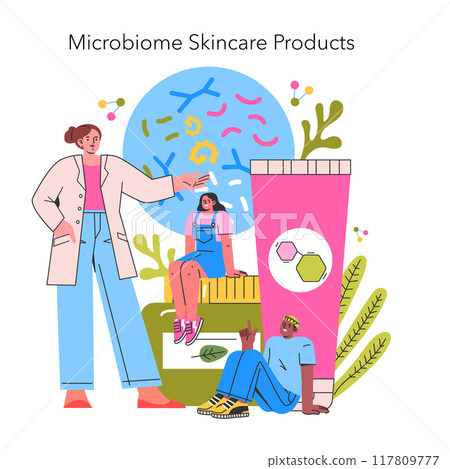 Skincare innovation concept. People exploring the benefits of microbiome skincare products. Modern cosmetic science and natural beauty. Vector illustration. Skincare innovation concept. People exploring the benefits of microbiome skincare products. Modern cosmetic science and natural beauty. Vector illustration. 117809777