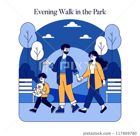 Family Evening Stroll Concept. A serene evening stroll in the park illustration with a family enjoying quality time surrounded by nature. Vector illustration. 117809780