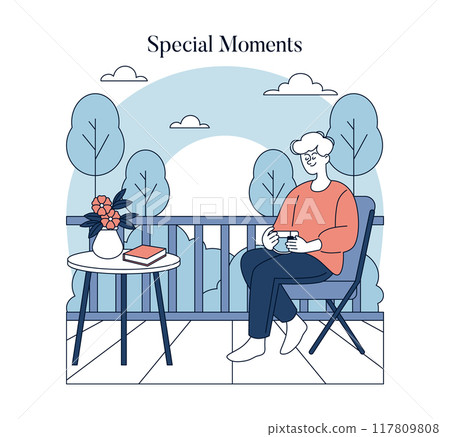 Special Moments concept. Relaxed individual enjoying coffee on balcony surrounded by nature. Serenity in urban living, peaceful break. Vector illustration. 117809808