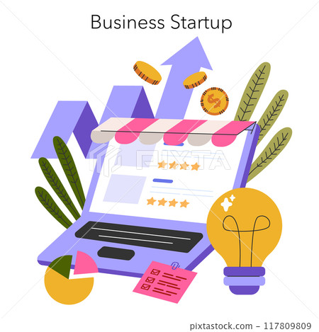 Startup concept. An illustration of a new business growth with essential icons: light bulb of ideas, upward arrows, and laptop. Vector illustration. Startup concept. An illustration of a new business growth with essential icons: light bulb of ideas, upward arrows, and laptop. Vector illustration. 117809809