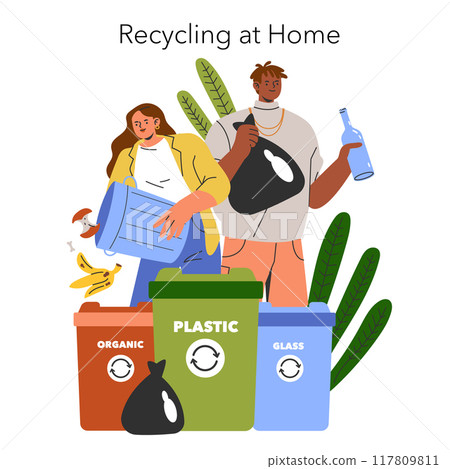 Sustainability Lifestyle concept. Two people engaging in household recycling, separating waste into categorized bins. Eco-friendly living and waste management. Vector illustration. Sustainability Lifestyle concept. Two people engaging in household recycling, separating waste into categorized bins. Eco-friendly living and waste management. Vector illustration. 117809811