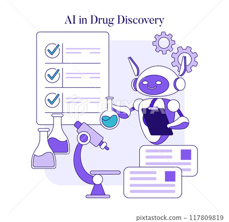 AI in Drug Discovery concept. An illustration of a robot analyzing data and conducting research with a microscope and test tubes. AI integration in pharmaceutical innovations. Vector illustration. 117809819