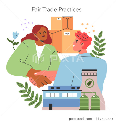 Ethical Cosmetics concept. Two professionals shake hands, endorsing fair trade practices in the beauty industry. Sustainable partnership, eco-friendly values. Vector illustration. Ethical Cosmetics concept. Two professionals shake hands, endorsing fair trade practices in the beauty industry. Sustainable partnership, eco-friendly values. Vector illustration. 117809823