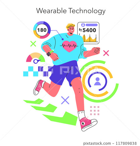 Wearable Technology concept. A man jogging with smartwatch displaying fitness stats. Health monitoring and active lifestyle trend. Vector illustration. 117809838