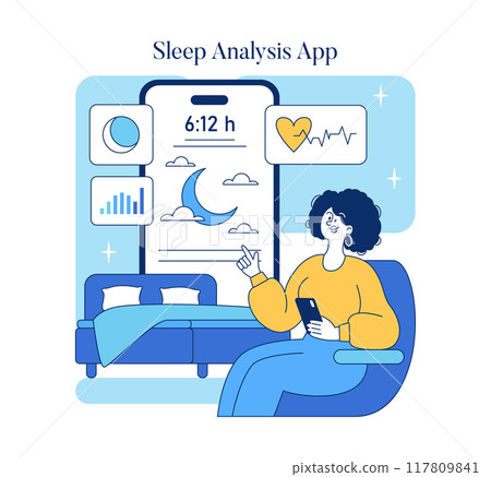 Health technology concept. A woman interacts with a sleep analysis app on her smartphone, monitoring sleep patterns for better rest. Vector illustration. 117809841