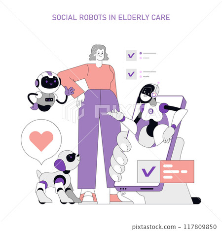 Elderly Care Concept. Illustration of senior woman with social robots providing companionship and assistance. Future of aged care technology. Vector illustration. 117809850