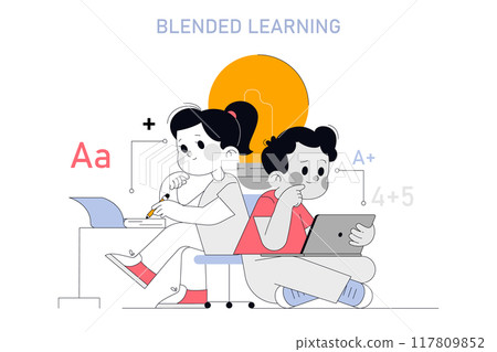 Education concept. Two students engaged in blended learning with gadgets and books to achieve better academic results. Vector illustration. Education concept. Two students engaged in blended learning with gadgets and books to achieve better academic results. Vector illustration. 117809852