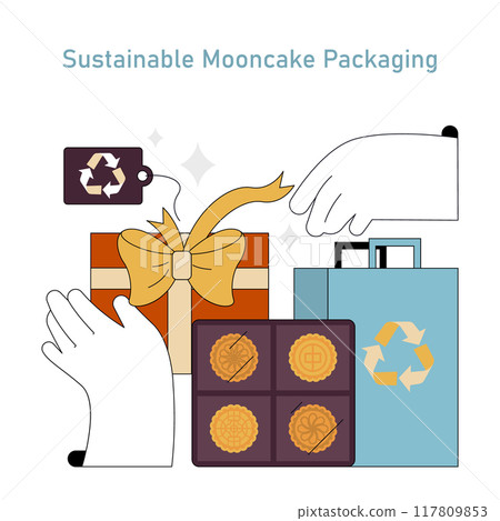 Mid Autumn Festival concept. Eco-friendly mooncake gift box with recycling symbol. Celebrating with sustainable packaging solutions. Vector illustration. Mid Autumn Festival concept. Eco-friendly mooncake gift box with recycling symbol. Celebrating with sustainable packaging solutions. Vector illustration. 117809853