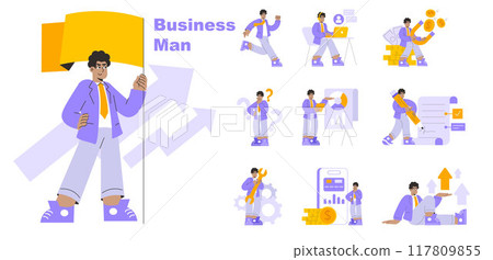 Businessman set. Corporate life scenes with character engaging in various activities, from conquering challenges to strategic planning. Vector illustration. Businessman set. Corporate life scenes with character engaging in various activities, from conquering challenges to strategic planning. Vector illustration. 117809855