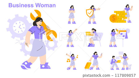 Businesswoman set. Professional woman multitasking and time management. Leadership, work-life balance, and financial success. Vector illustration. 117809857