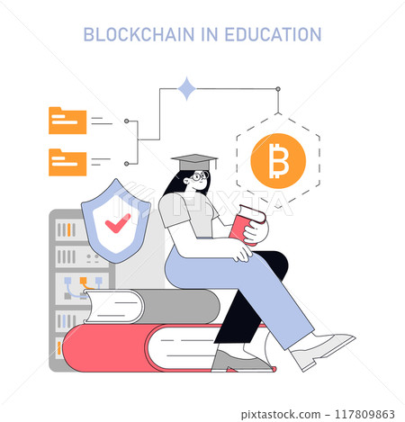 Blockchain in Education concept. A student interacting with cryptocurrency and data security elements. Digital transformation in learning. Vector illustration. Blockchain in Education concept. A student interacting with cryptocurrency and data security elements. Digital transformation in learning. Vector illustration. 117809863