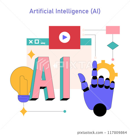 Artificial intelligence concept. Bold AI text with robotic hand and light bulb, depicting innovation and technology intelligence. Vector illustration. Artificial intelligence concept. Bold AI text with robotic hand and light bulb, depicting innovation and technology intelligence. Vector illustration. 117809864
