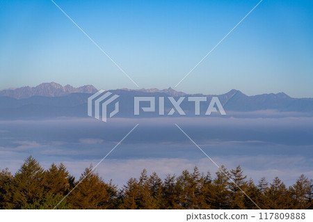 [Sea of clouds] Sea of clouds in the direction of the Northern Alps as seen from Takabocchi Plateau in autumn [Nagano Prefecture] 117809888