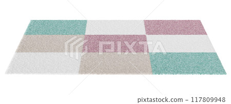 Pastel colored square carpet with detailed texture, perfect for modern kids room interiors, isolated on white background. Cut out rug. Contemporary, playful style. Front view. 3D render. 117809948