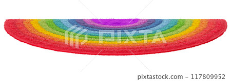 Colorful, vibrant, rainbow carpet with a detailed texture, perfect for modern kids room interiors, isolated on white background. Cut out rug. Childish, playful style. Front view. 3D render. 117809952
