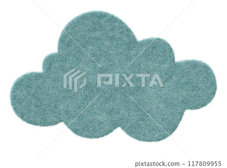 Pastel blue carpet, cloud shape, with detailed texture, perfect for modern kids room interiors, isolated on white background. Cut out rug. Childish, playful style. Top view, floor plan element. 3D. 117809955