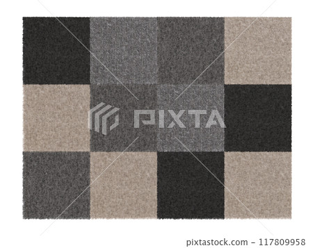 Modern, gray rectangular carpet, top view. Rug isolated on white background. Cut out home decor. Contemporary, loft style. Flat lay, floor plan. 3D rendering. 117809958