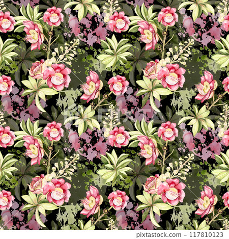 pink floral seamless pattern on a black background pink floral seamless pattern on a black background 117810123
