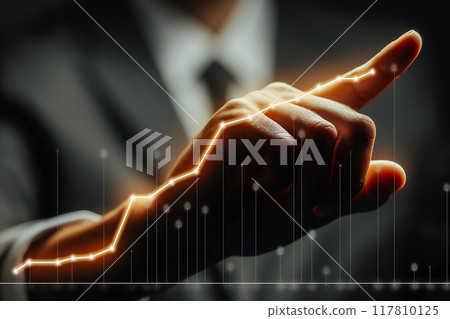 Businessman touching an upward trend line on a virtual chart. 117810125