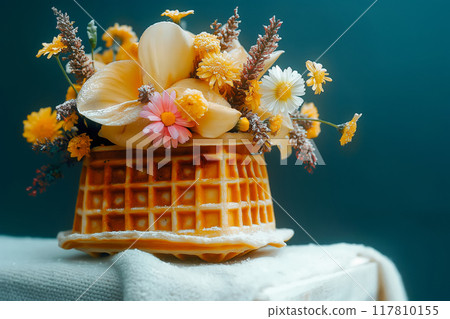 Fashion food set of Ice cream cone with flowers. Minimalist design. 117810155