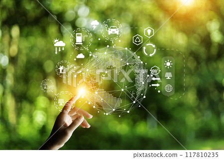 eco friendly energy. Innovation technology eco green concept. Icon bulb energy sources for renewable on green blur background.Concept with innovation inspiration. Idea innovative from the big data 117810235