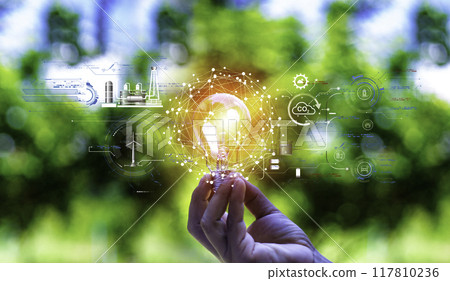 green energy concept help reduce global warming..Hand holding natural background light bulb on green leaf with clean energy icon around it. Carbon dioxide emission in industry zero carbon concept. 117810236