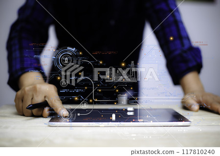 Energy EV car concept. Engineer is analyzing electric car information.Virtual display technology on a tablet Show electric vehicle information , technology Analysis of battery power .. 117810240