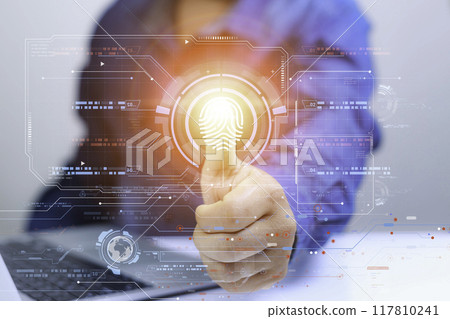 futuristic digital processing of biometric identification fingerprint scanner. Concept  Digital transformation for next generation technology.surveillance and security scanning of digital futuristic 117810241
