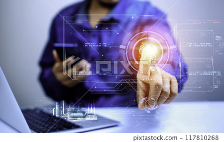 Business people hands holding touching ai icon in global networks. With AI (artificial intelligence) and global information exchange, AI technology is essential for business future digital world.. Business people hands holding touching ai icon in global networks. With AI (artificial intelligence) and global information exchange, AI technology is essential for business future digital world.. 117810268