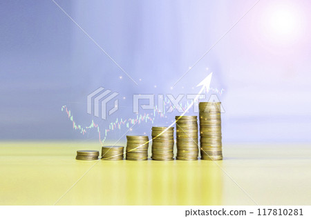 Gold coins chart an increase inflation..financial graph showing inflation concept. Displays stock market statistics, crises, inflation, electronic charts with stock market volatility. abstract concep 117810281