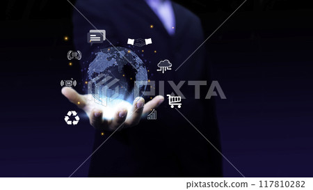 Businessman with global connection concept..Businessman Hand holding  touching global network and data exchanges over the world. Business global internet connection technology and digital marketing. 117810282