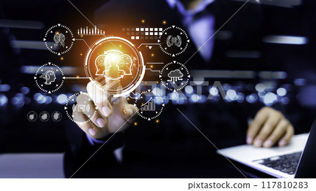 Business people hands holding touching ai icon in global networks. With AI (artificial intelligence) and global information exchange, AI technology is essential for business future digital world.. 117810283