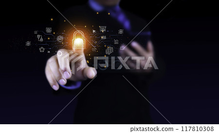 Cyber security concept protect information on internet network. Business scan keys unlock the screen with virtual screen interface to enter the network, futuristic virtual screen interface technology 117810308