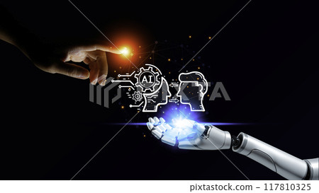 AI,Machine learning, Robotic hand and human touch global virtual Icon represents the exchange of artificial intelligence brains with humans. Exchange of human thoughts Network technology connects. AI,Machine learning, Robotic hand and human touch global virtual Icon represents the exchange of artificial intelligence brains with humans. Exchange of human thoughts Network technology connects. 117810325