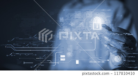 Cyber security concept protect information on internet network. Business scan keys unlock the screen with virtual screen interface to enter the network, futuristic virtual screen interface technology 117810410